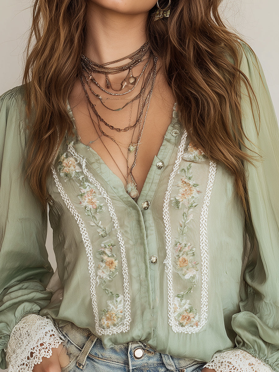 Bohemian Embroidered Chiffon Long Sleeve Blouse