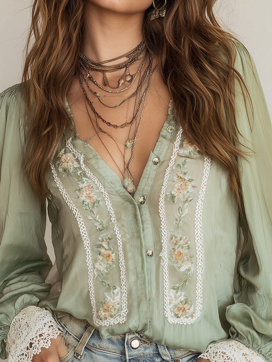 Bohemian Embroidered Chiffon Long Sleeve Blouse