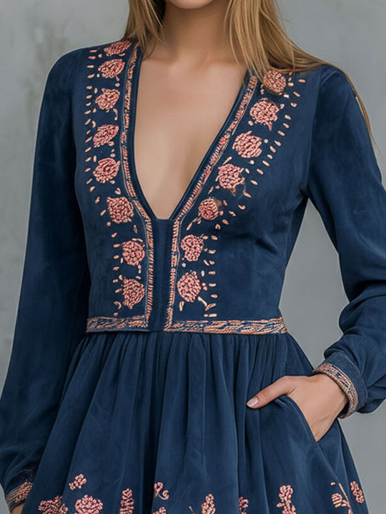 Boho V-Neck Navy Floral Embroidered Mini Dress With Side Pockets