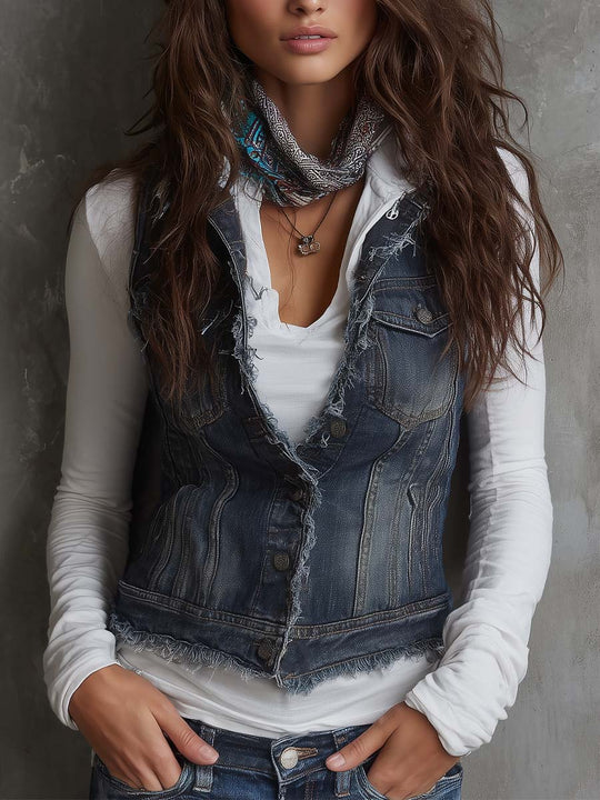 Vintage Washed Pure-Cotton Denim Vest