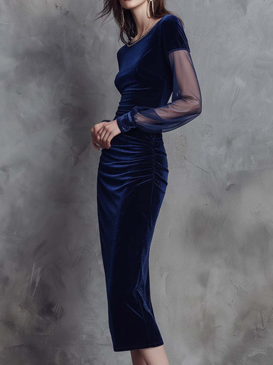 Velvet Midi Dress With Sheer Sleeves