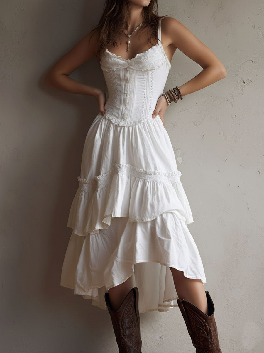 Retro Boho White Corset Tiered Midi Dress With Lace-Trim