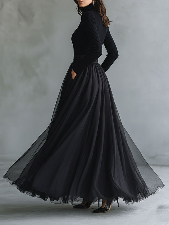 Elegant Black Tulle Flowing Maxi Dress Patchwork Fitted Knit Turtleneck Top
