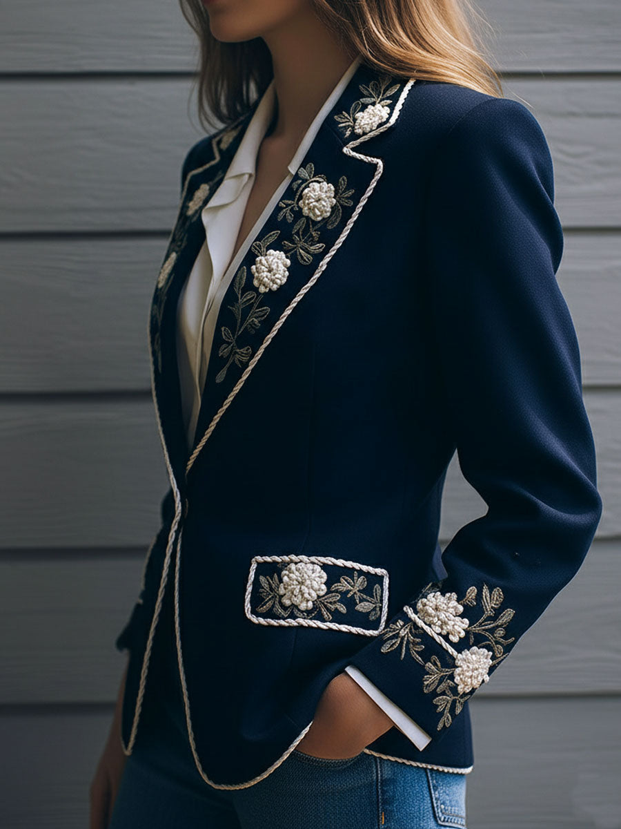 Navy Blue Woolen Blend Floral Embroidered Blazer