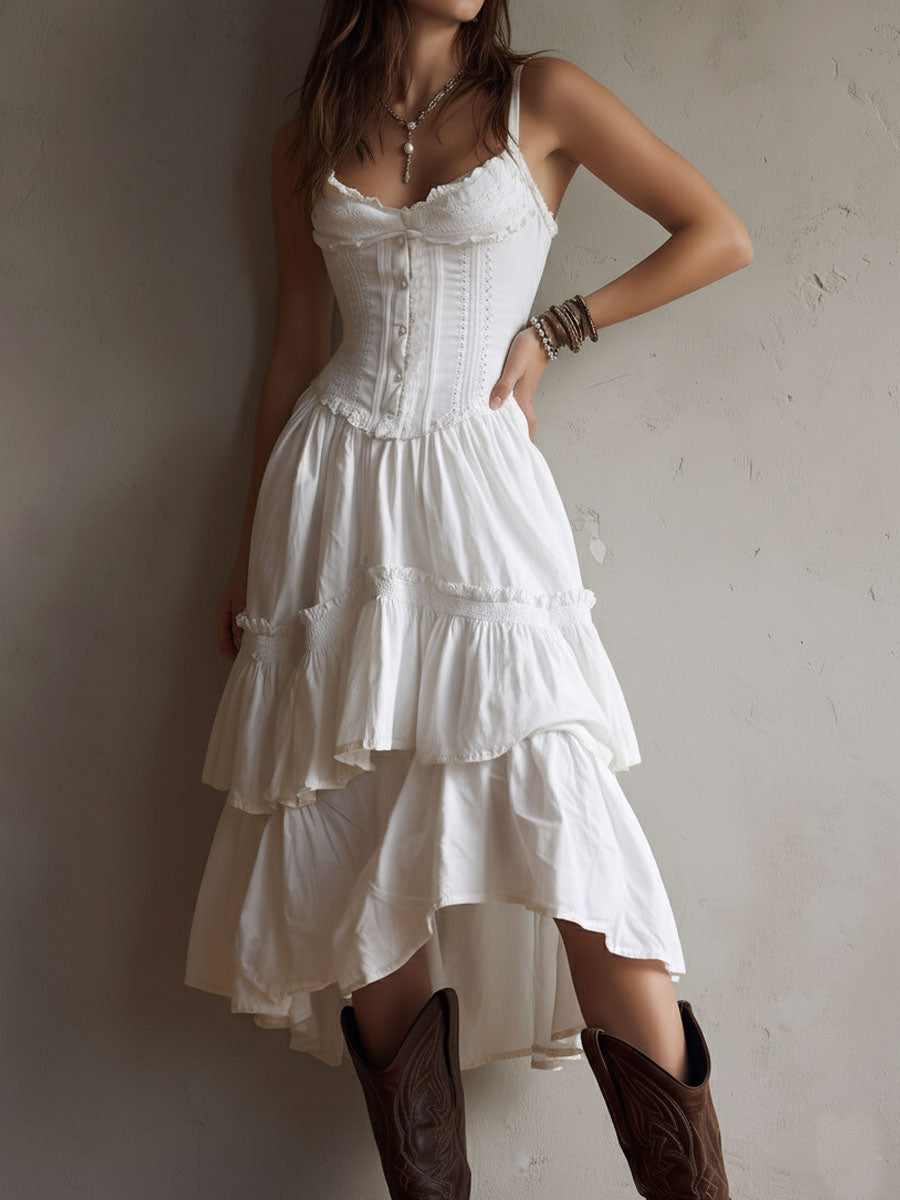 Retro Boho White Corset Tiered Midi Dress With Lace-Trim