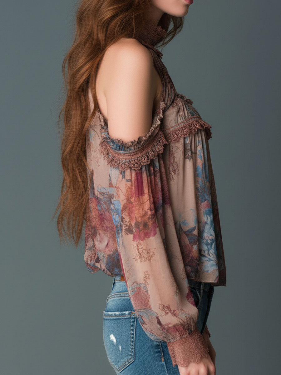 Boho Blush Floral Chiffon Cold-Shoulder Halter Blouse