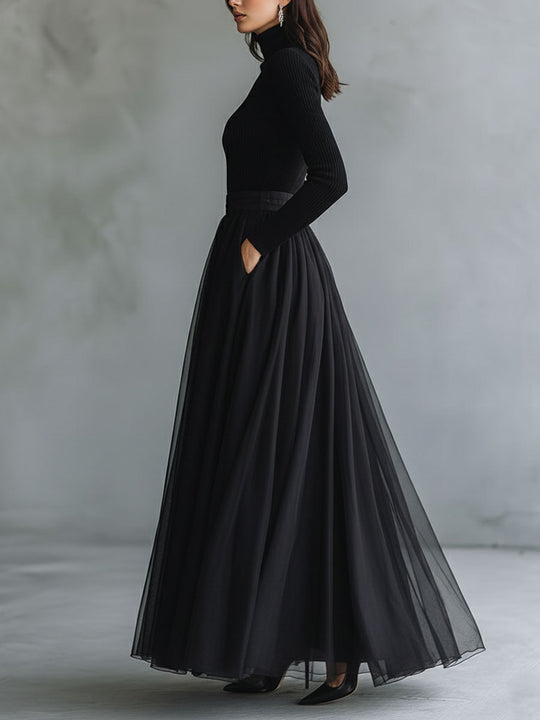 Elegant Black Tulle Flowing Maxi Dress Patchwork Fitted Knit Turtleneck Top