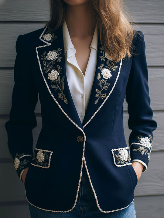 Navy Blue Woolen Blend Floral Embroidered Blazer