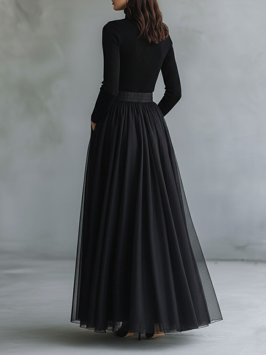 Elegant Black Tulle Flowing Maxi Dress Patchwork Fitted Knit Turtleneck Top