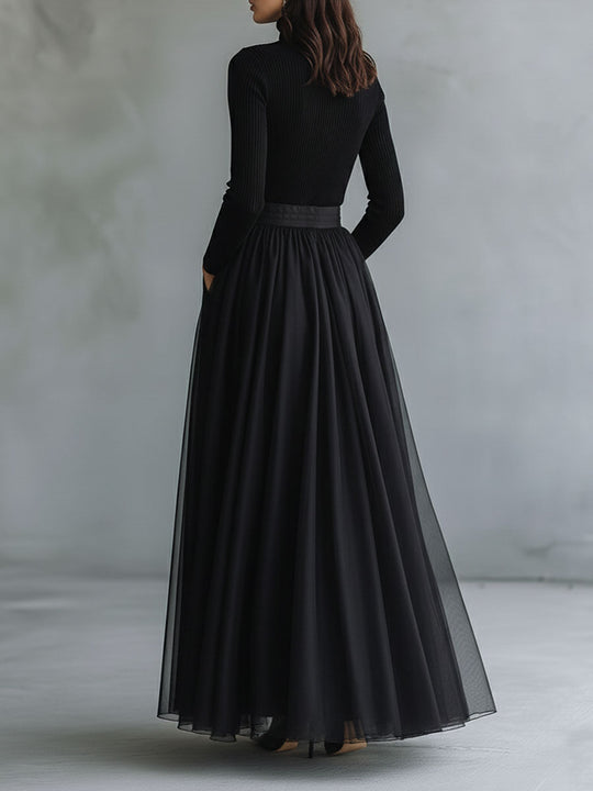 Elegant Black Tulle Flowing Maxi Dress Patchwork Fitted Knit Turtleneck Top