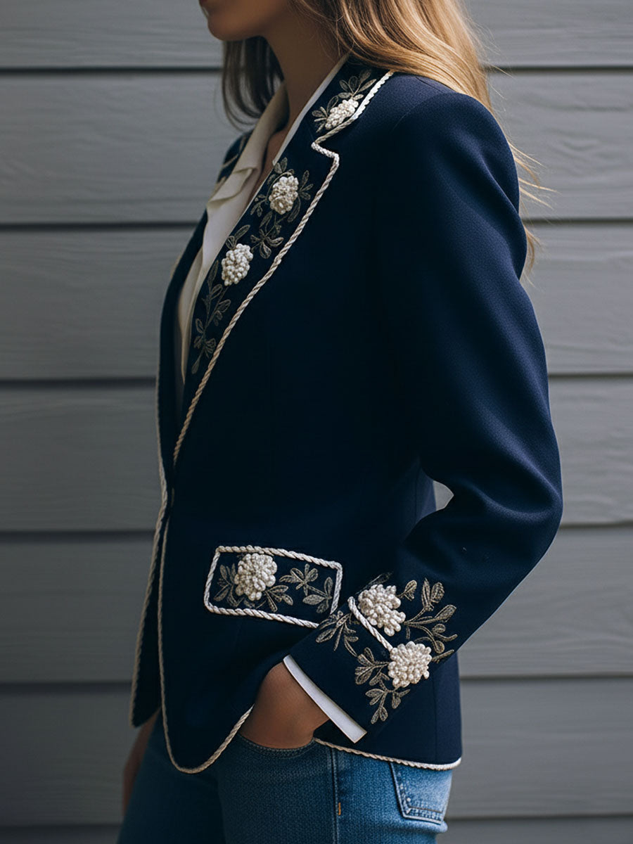 Navy Blue Woolen Blend Floral Embroidered Blazer