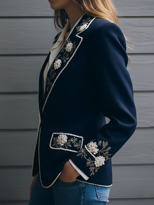 Navy Blue Woolen Blend Floral Embroidered Blazer