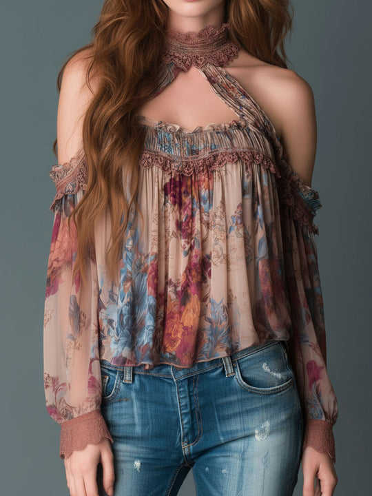 Boho Blush Floral Chiffon Cold-Shoulder Halter Blouse