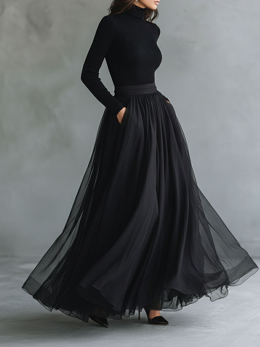 Elegant Black Tulle Flowing Maxi Dress Patchwork Fitted Knit Turtleneck Top