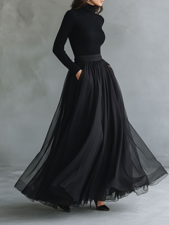 Elegant Black Tulle Flowing Maxi Dress Patchwork Fitted Knit Turtleneck Top