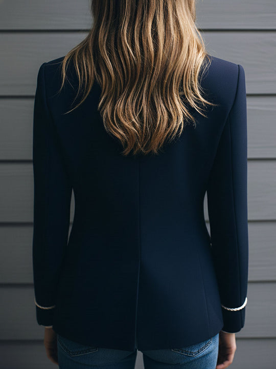 Navy Blue Woolen Blend Floral Embroidered Blazer