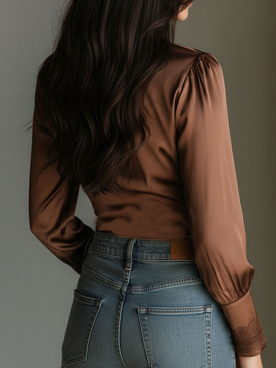 Deep V Lace Trim Bronze Satin Wrap Blouse With Ruched Waist