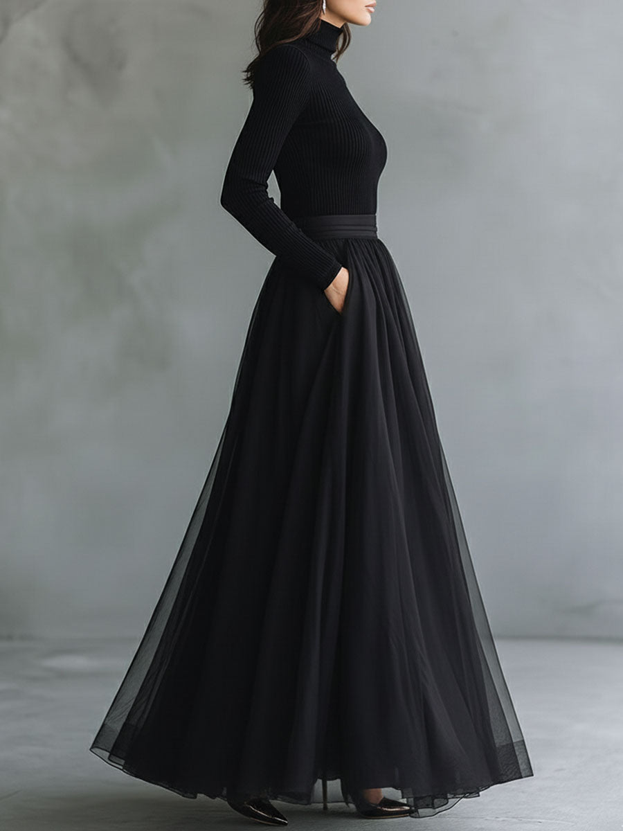 Elegant Black Tulle Flowing Maxi Dress Patchwork Fitted Knit Turtleneck Top
