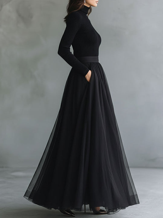 Elegant Black Tulle Flowing Maxi Dress Patchwork Fitted Knit Turtleneck Top
