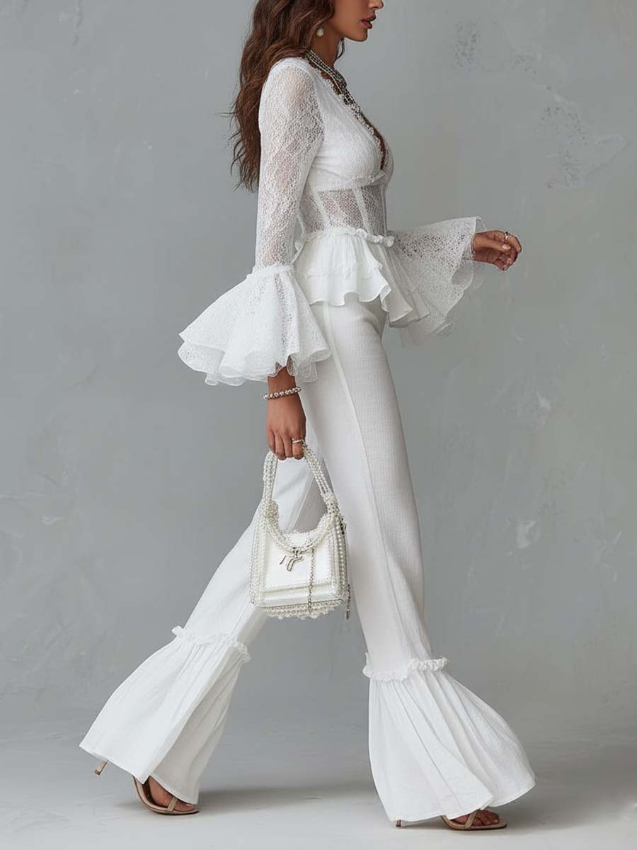 Boho Lace Blouse & Cotton-Linen Ruffle Pants Set