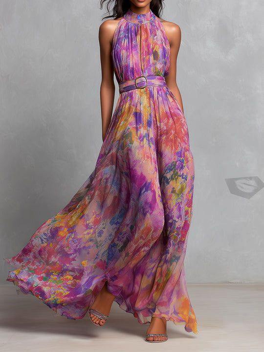 Boho Watercolor Chiffon Halter Belted Maxi Dress
