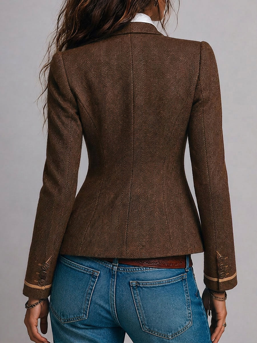 Retro Herringbone Tweed Fitted Blazer with Contrast Trim