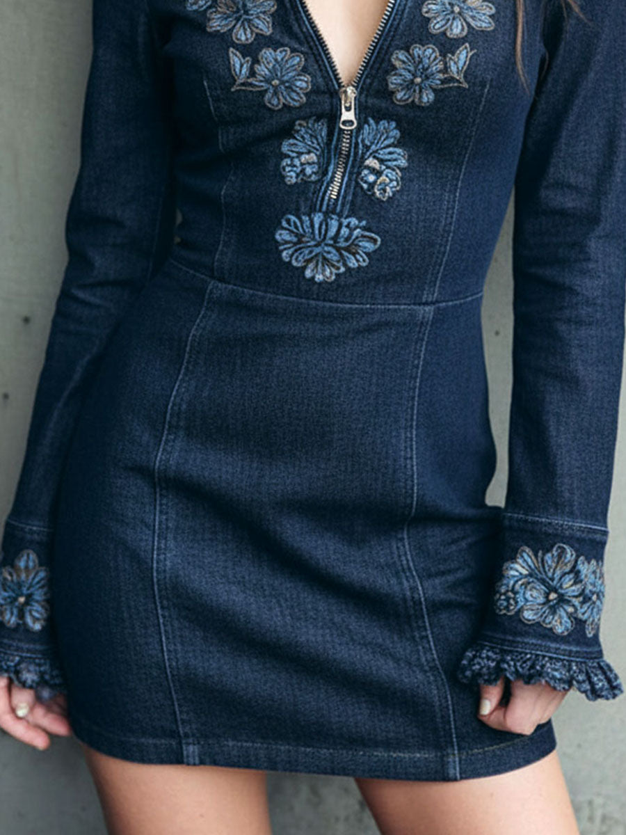 Vintage Embroidered Denim Zip Mini Dress With Lace Cuff