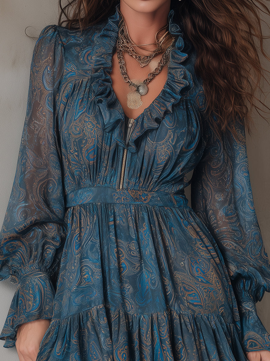 Bohemian Ruffled Neckline Paisley Pattern Chiffon Front Zip Mini Dress