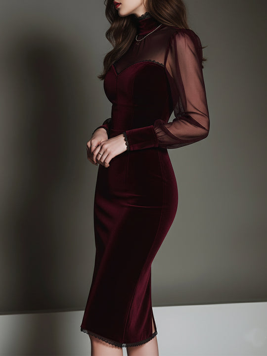 Elegant Mesh Polyester Velvet Stitching Sweetheart Neckline Slim Midi Dress