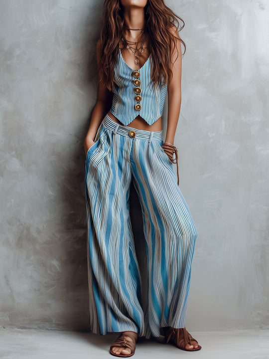 Boho Blue Striped Vest & Wide-Leg Pant Set