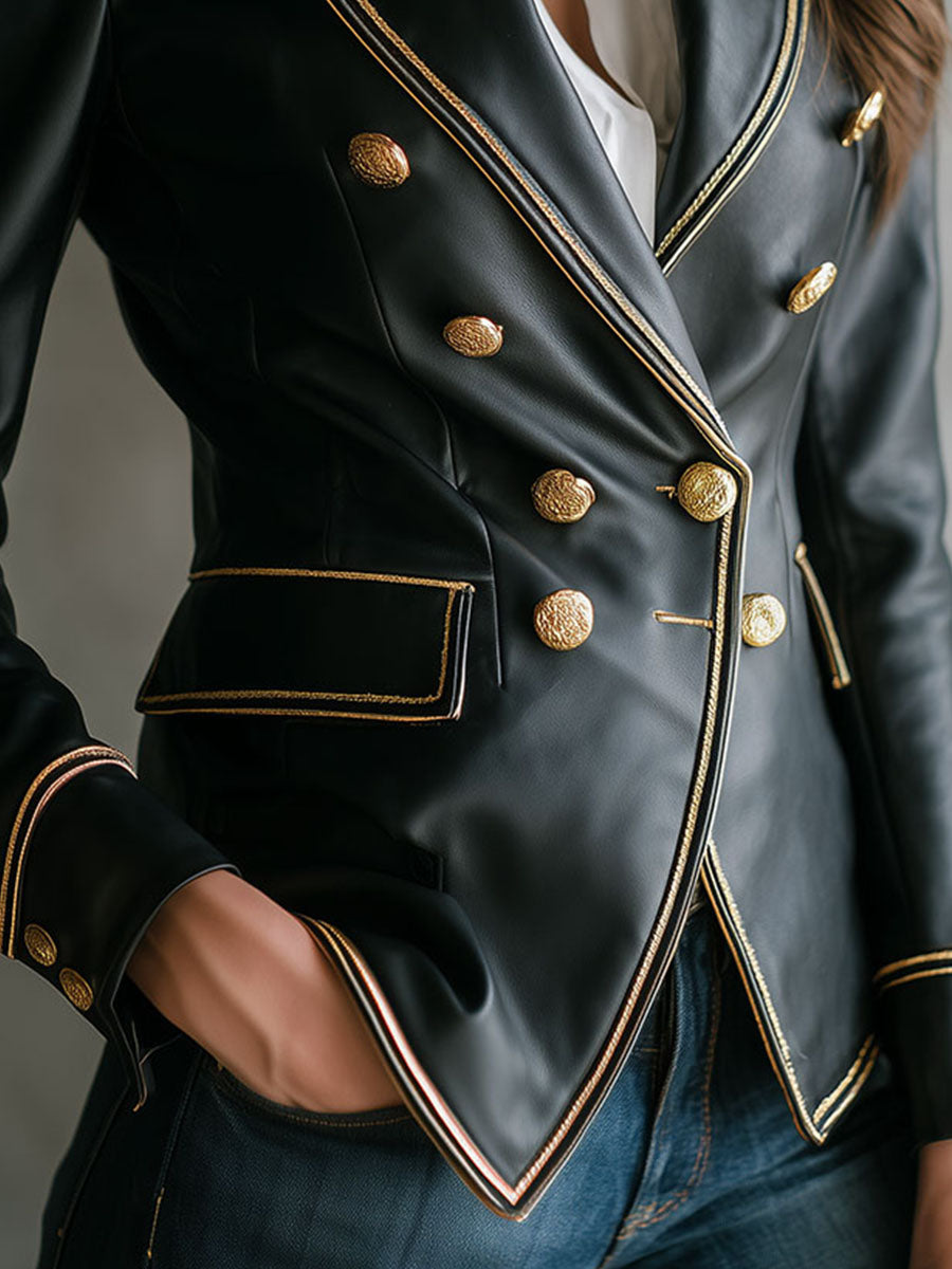 Vintage Black Faux Leather Military Blazer With Gold Trim