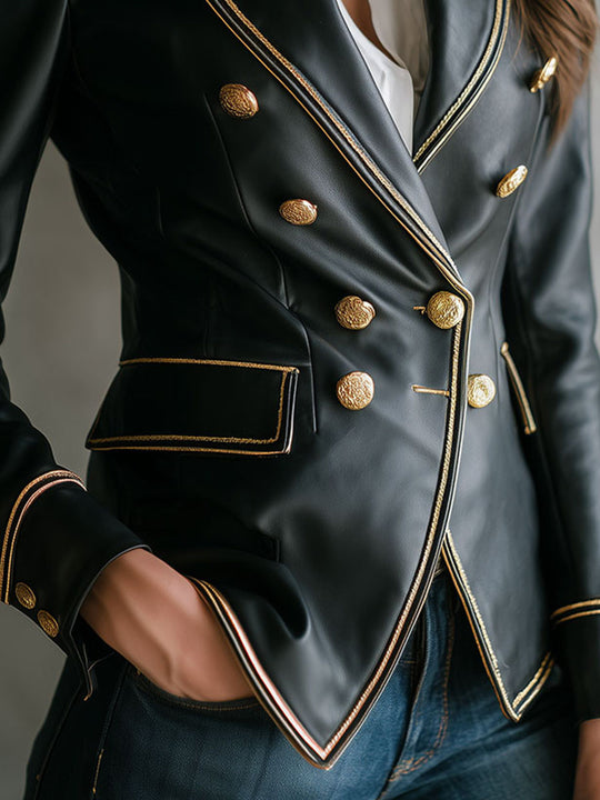 Vintage Black Faux Leather Military Blazer With Gold Trim
