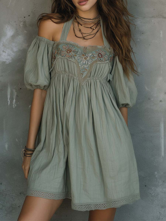Boho Embroidered Cotton-Linen Puff Sleeve Mini Dress