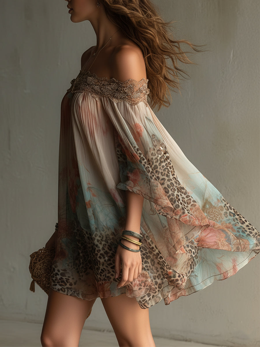 Bohemian Holiday Chiffon One-shoulder Lace Patchwork Leopard Print Mini Dress