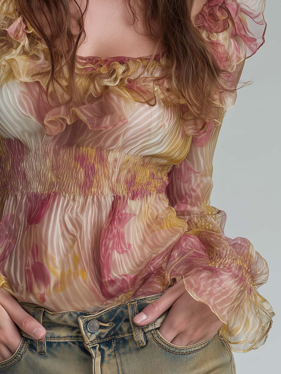 Vintage Elegance Romantic Boho Ruffled Floral Chiffon Top – Futario