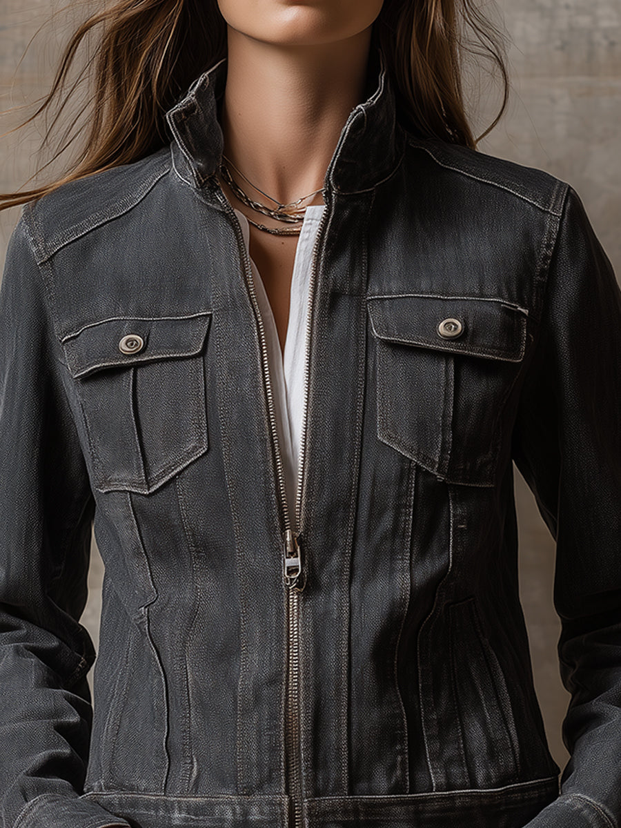 Boho Washed Stand Collar Straight Denim Jacket