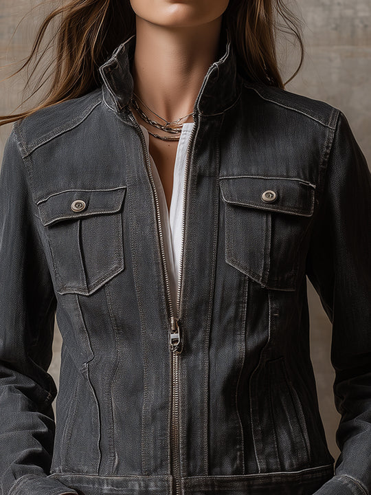 Boho Washed Stand Collar Straight Denim Jacket