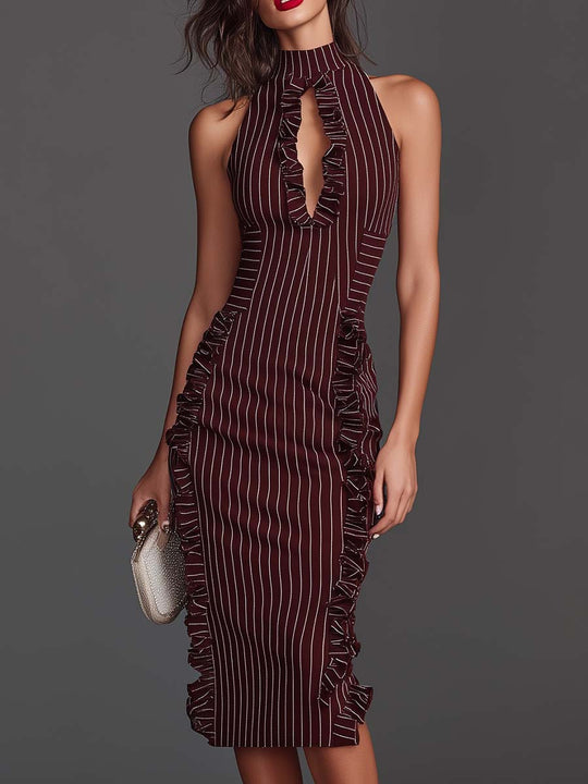Burgundy Pinstripe Halter Ruffle Midi Dress