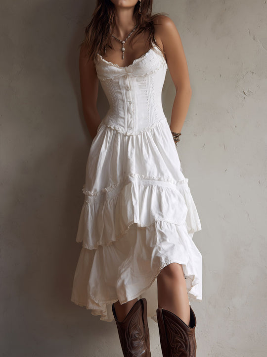 Retro Boho White Corset Tiered Midi Dress With Lace-Trim