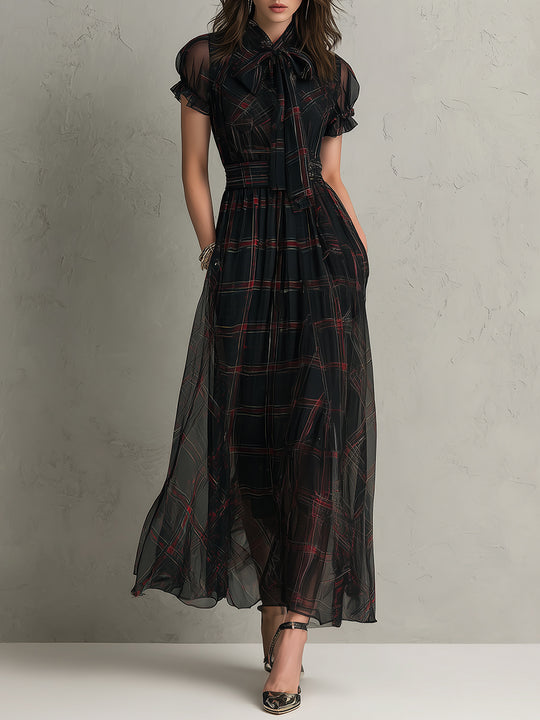 Vintage Plaid Tie Collar Chiffon Maxi Dress