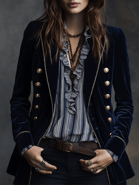 Exquisite And Elegant Navy Blue Velvet Double-Breasted Blazer