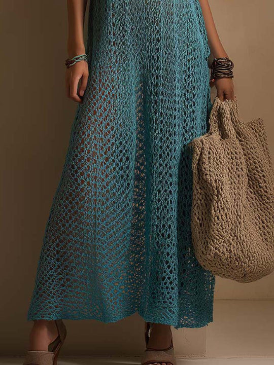 Vacation-style Ocean Teal Open-knit Slip Maxi Dress