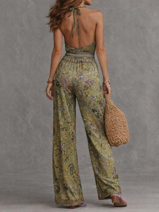 Bohemian Halter Print Wide-Leg Jumpsuit