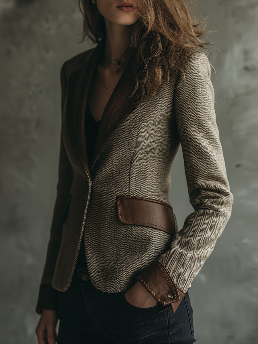Retro Herringbone Wool PU Patchwork Lapel Blazer
