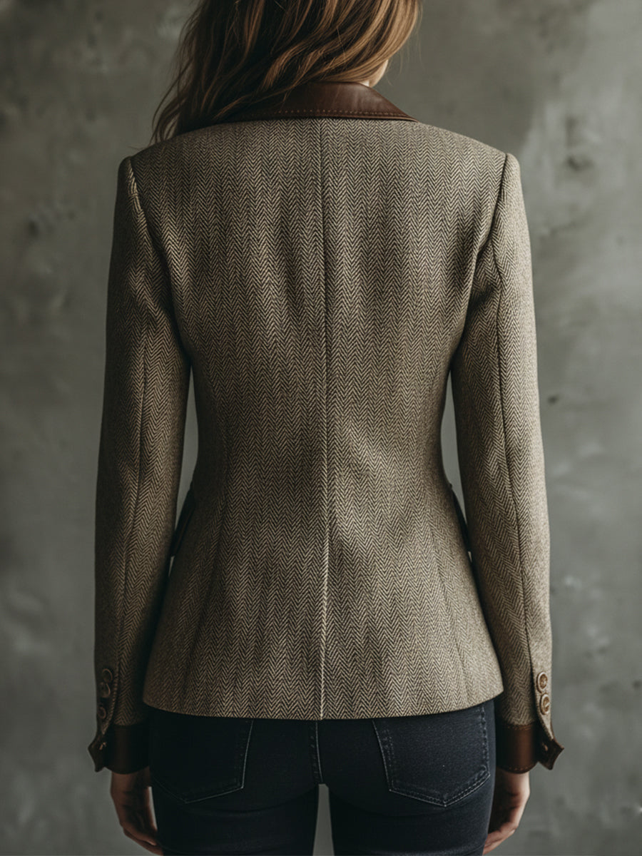 Retro Herringbone Wool PU Patchwork Lapel Blazer