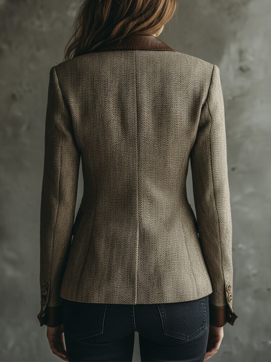 Retro Herringbone Wool PU Patchwork Lapel Blazer