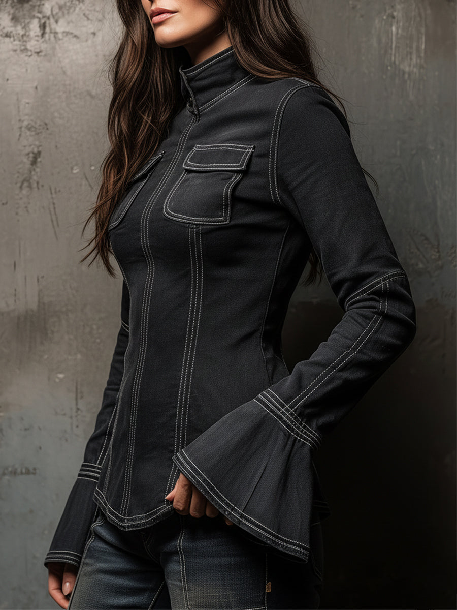 Vintage Washed Denim Stand Collar Bell Sleeve T-shirt