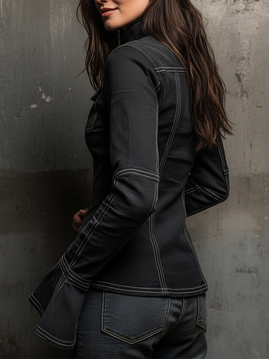 Vintage Washed Denim Stand Collar Bell Sleeve T-shirt