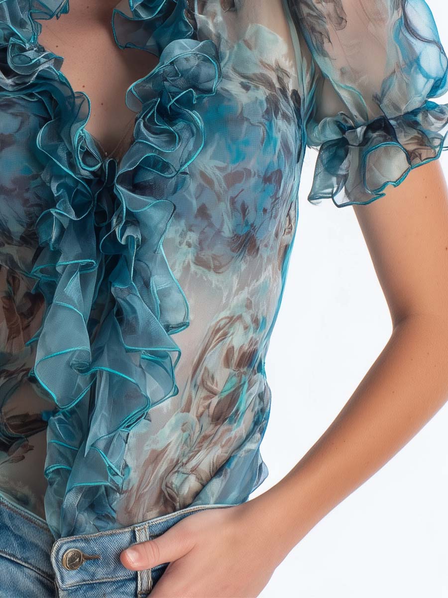 Teal Sheer Organza Ruffle Blouse