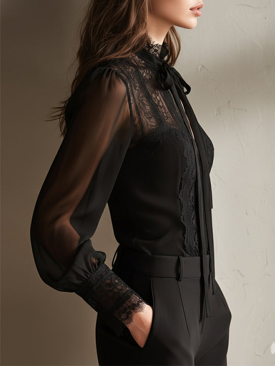 Retro Elegant Lace Stand-up Collar Tie Neck Chiffon Blouse